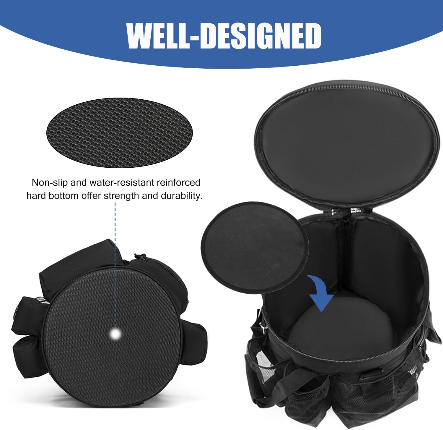 Baseball Bucket Bag 6 Gallon Bucket Cover Organizer w/Padded Seat tactical Softball Coaches Bag for Balls, Bat, Gloves, Scoreboards