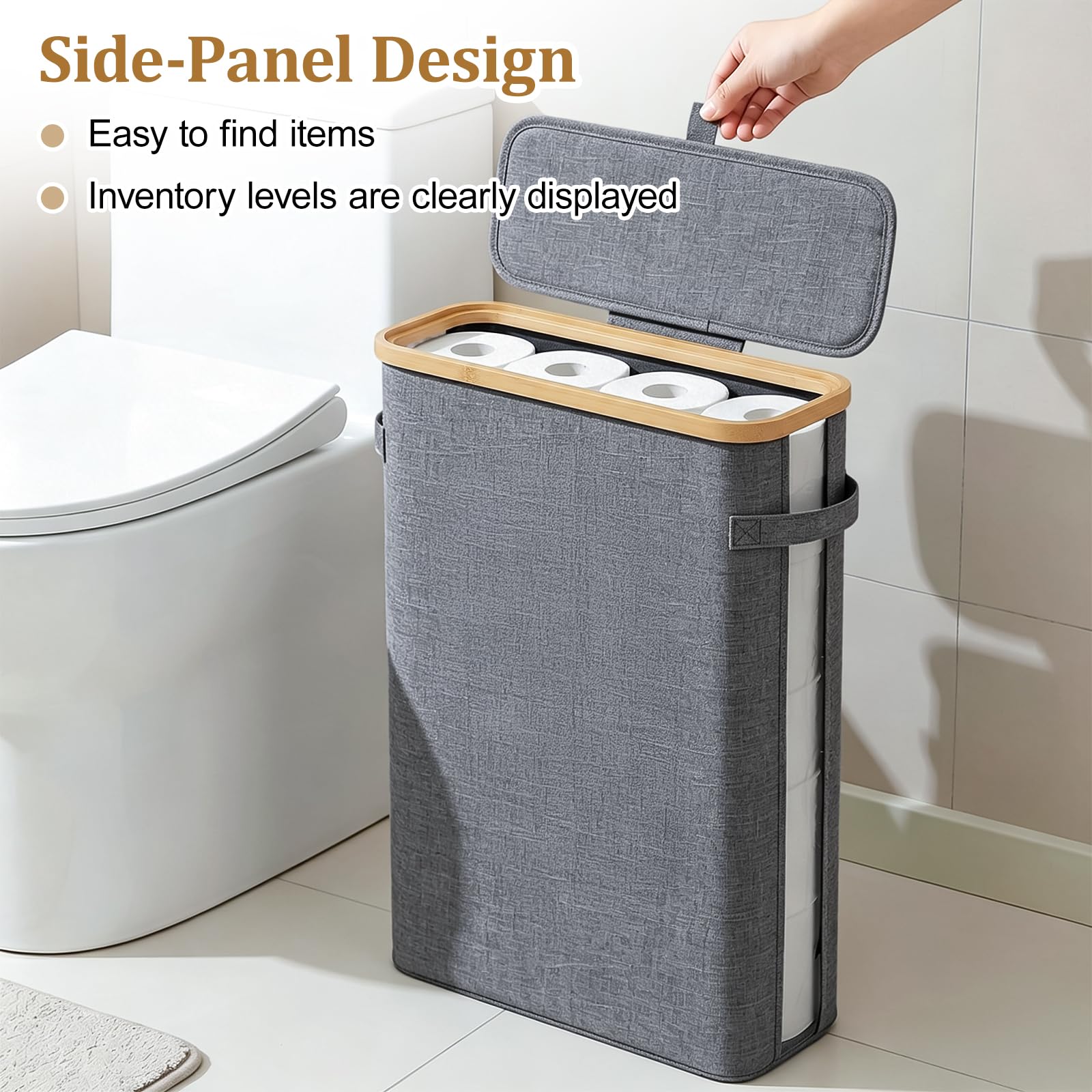 42L Contenitore Porta Carta Igienica con Coperchio Grigio Impermeabile Cestino per Carta Igienica per Bagno e Casa Rotoli di Carta Igienica e Accessori