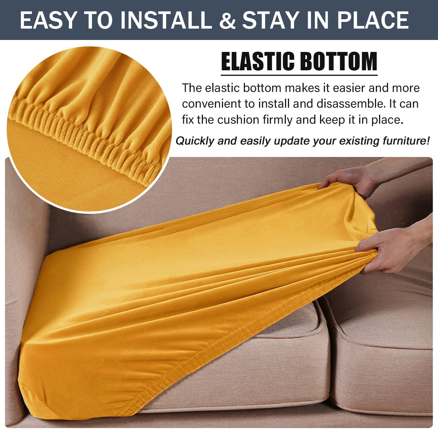 CONRUSER Stretch Couch Cushion Cover, Soft Velvet Cushion Slipcover for Extra Large Sofa Individual Seat Cushion Covers Furniture Protector with Elastic Bottom (2, Gold)