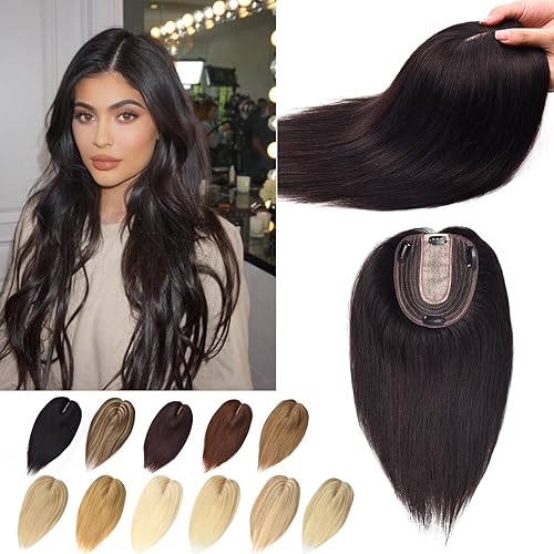 Miniatura 11 de Toppers de cabello humano real para mujer con cabello fino, base de seda, sin flequillo, clip, 10 pulgadas, #12P613 mezcla de castaño dorado y rubio