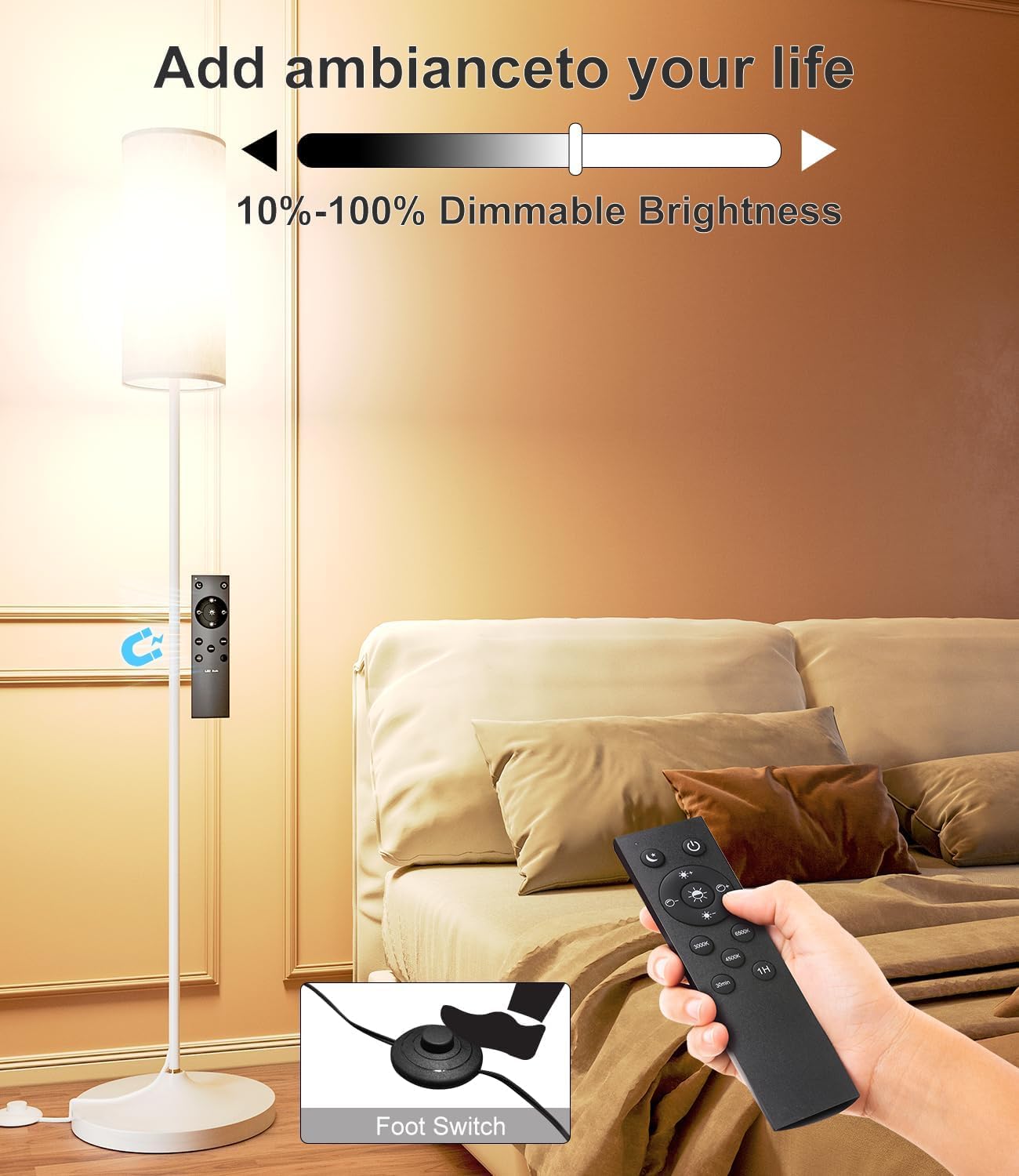 luckystyle LED Floor Lamp for Living Room, Dimmable Standing Lamps with Foot Switch,Remote Custom Color Temperature White Pole Lamp with Lampshade,12W Led Bulb Tall Lamps for Bedroom Office Kid Room