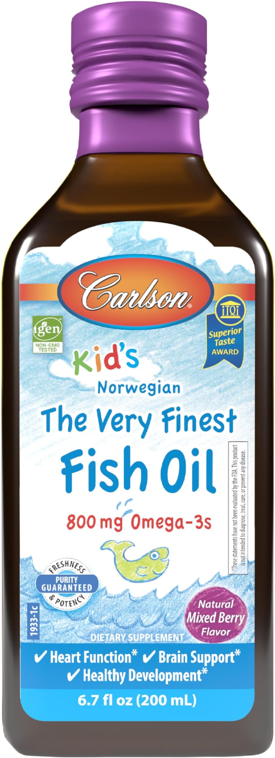 Kid's The Very Finest Fish Oil, 800 mg Omega-3s, Liquid Fish Oil Supplement, Norwegian Fish Oil, Wild-Caught, Sustainably Sourced Fish Oil Liquid, Mixed Berry, 200 mL (6.7 Fl Oz)