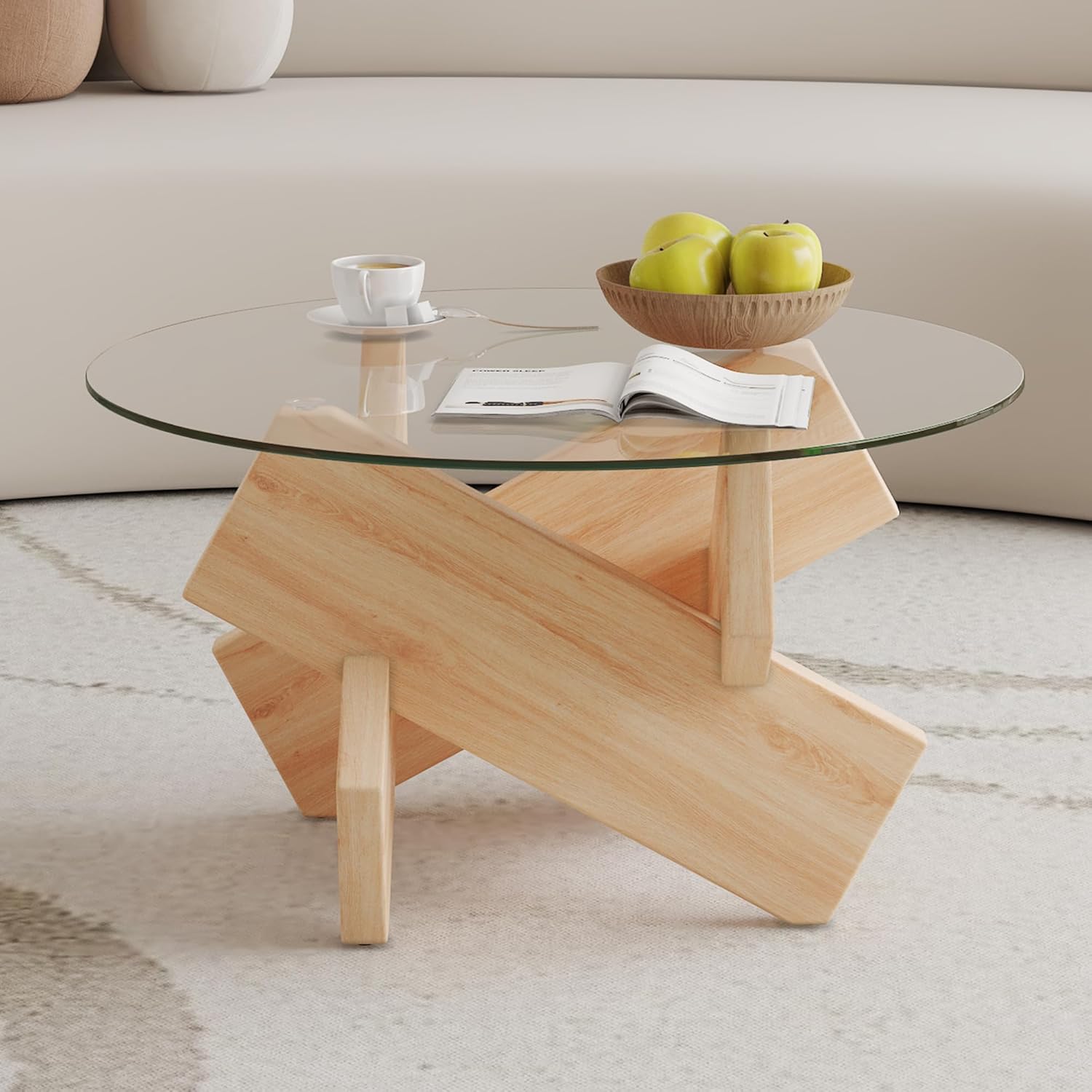 Glass Coffee Tables for Living Room Modern Elegant Round Coffee Table Mid Century Farmhouse Center Table with Wooden Base and Tempered Glass Tabletop, Easy Assembly,33.4 inch