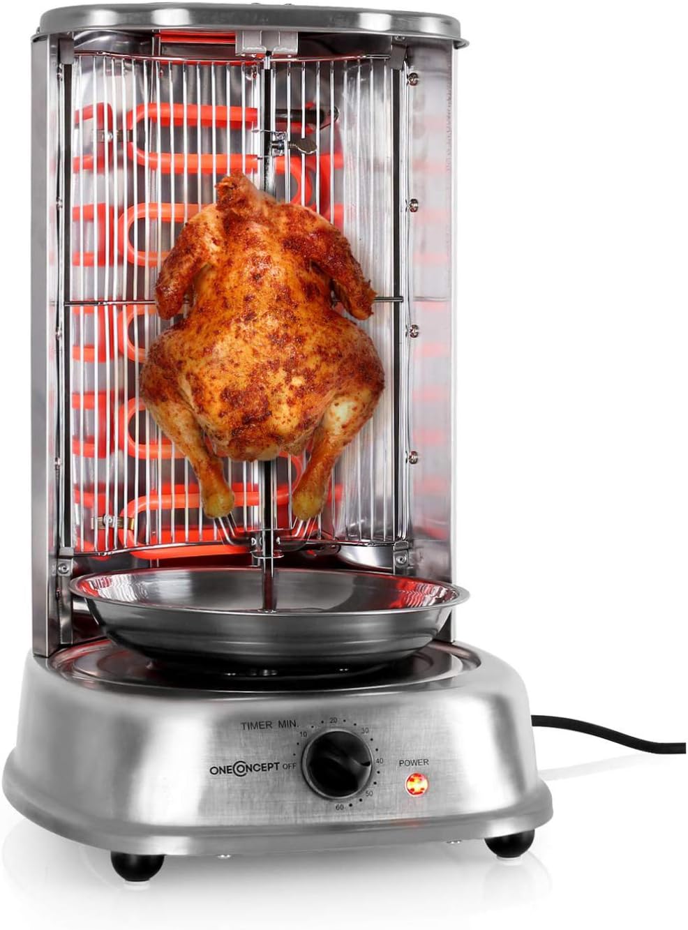 OneConcept Vertical Grill - Fat-Free Rotisserie, Kebab Machine, 1800W, 360° All-Round Grilling, Cool-Touch Handle, LED, Silver