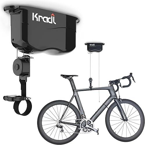 Kradl - Soporte de techo para bicicleta con elevador y estante. Sistema de elevación para bicicletas sin electricidad, cuerdas o poleas incómodas.