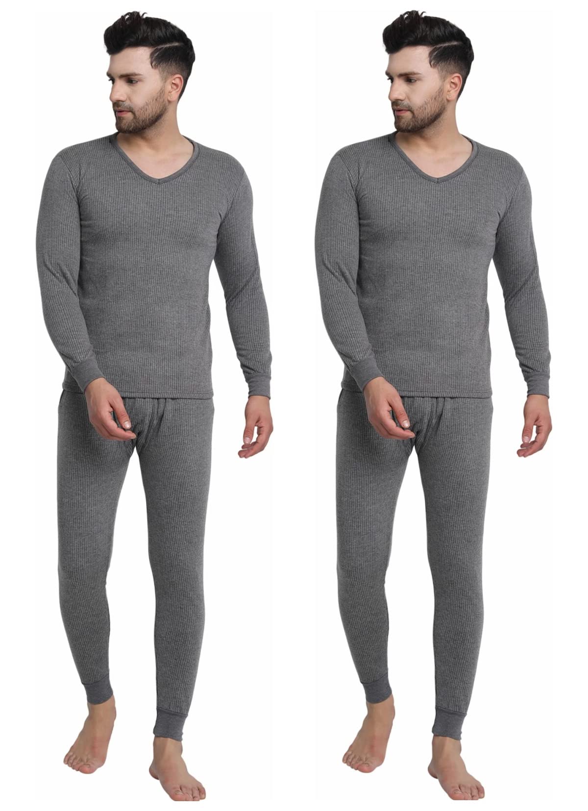 u-lightMen's V Neck Full Sleeves Undershirt and Full Length Underpants Charcaol Melange Thermal Set (#Set-CH)