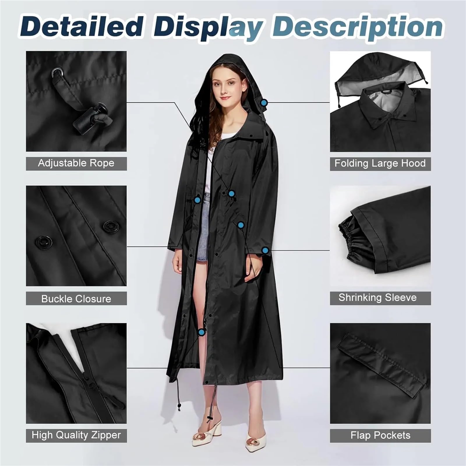 Poncho impermeable Chubasqueros largos for mujer, chaqueta impermeable, plegable, con capucha, cortavientos, ligero, cintura ajustable for exteriores Para acampar