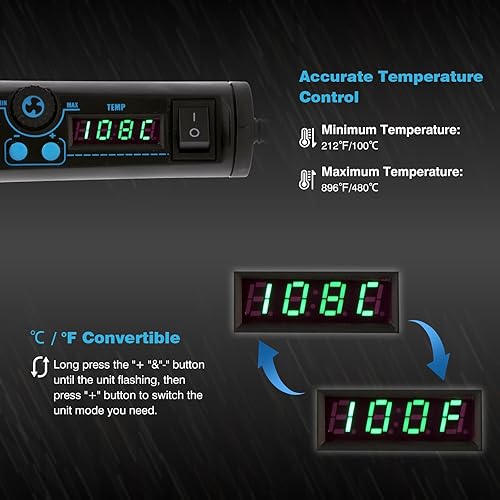Miniatura 5 de IRONWALLS Pistola electrónica digital de aire caliente, mini pistola de calor portátil de 650 W con control de temperatura y flujo de aire ajustable