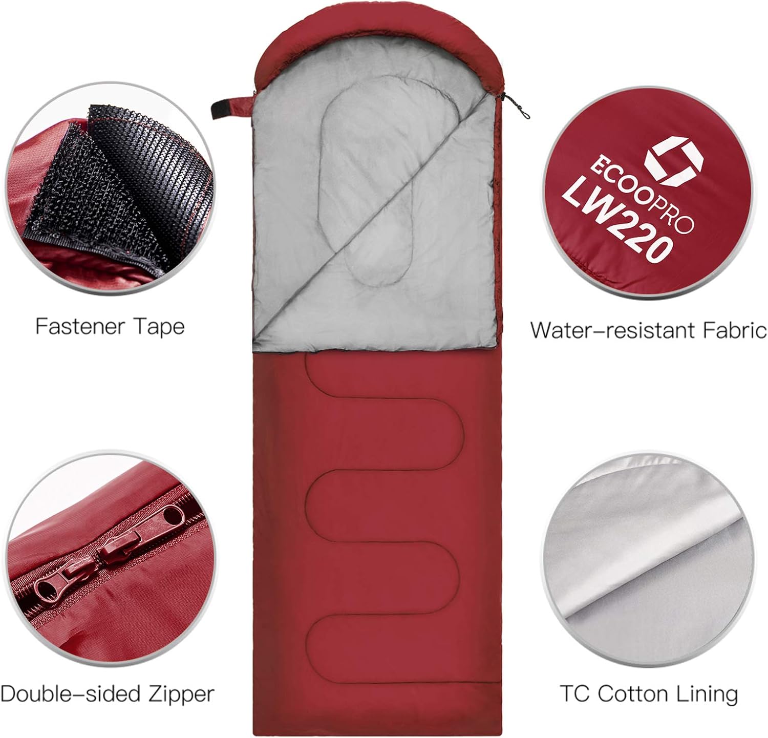 Condition photo showing New/Like New for ecoopro warm weather sleeping bag - portable, waterproof, compact lightweight, comfort with compression sack - great for outdoor camping, backpacking & hiking-83 l x 30" w fits adults wine red