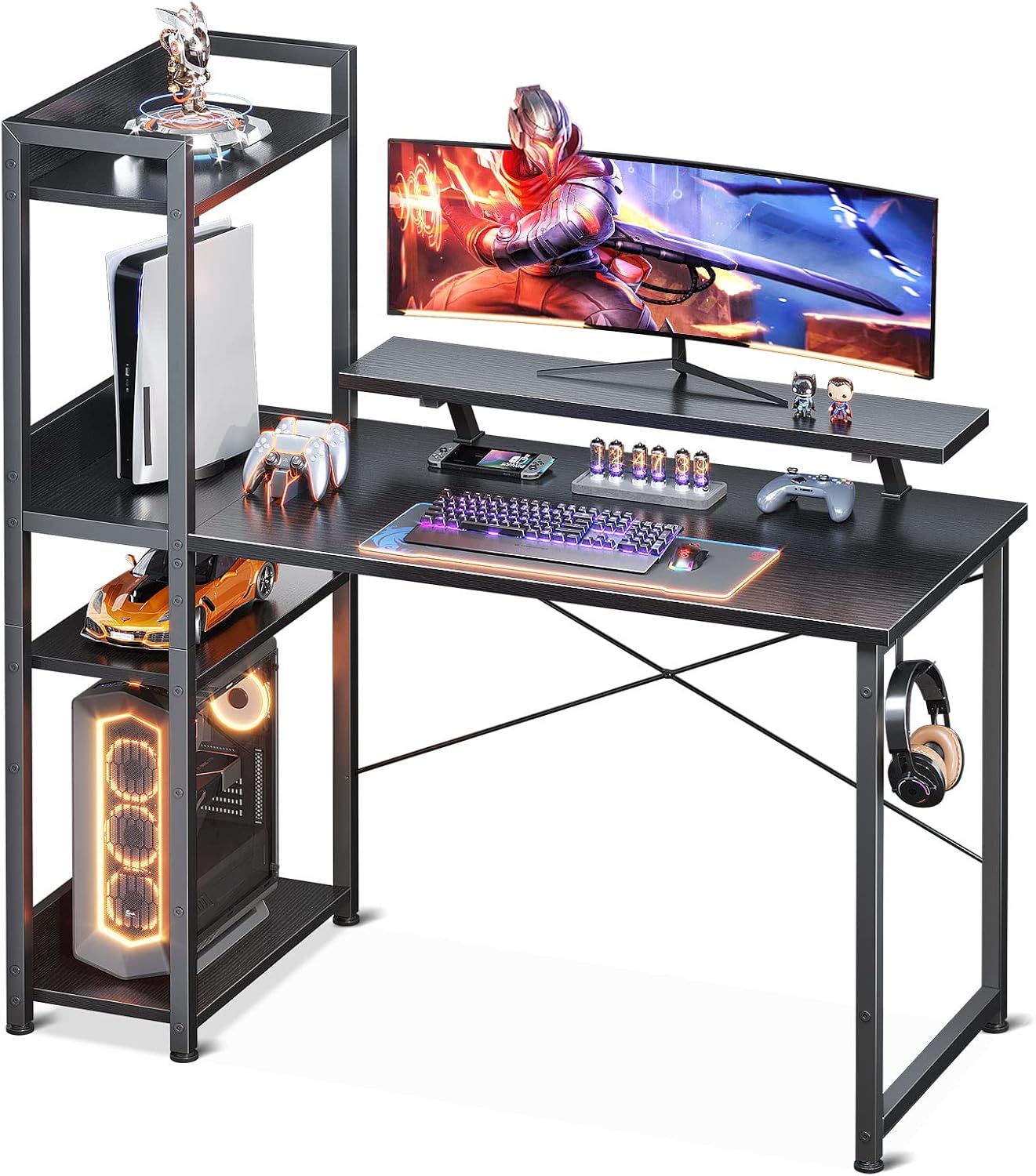 ODK Computer Desk with Storage Shelves and Monitor Stand, 40 Inch Gaming Desk with Bookshelf, Reversible Study Table for Home Office, Small Space Bedroom, Black