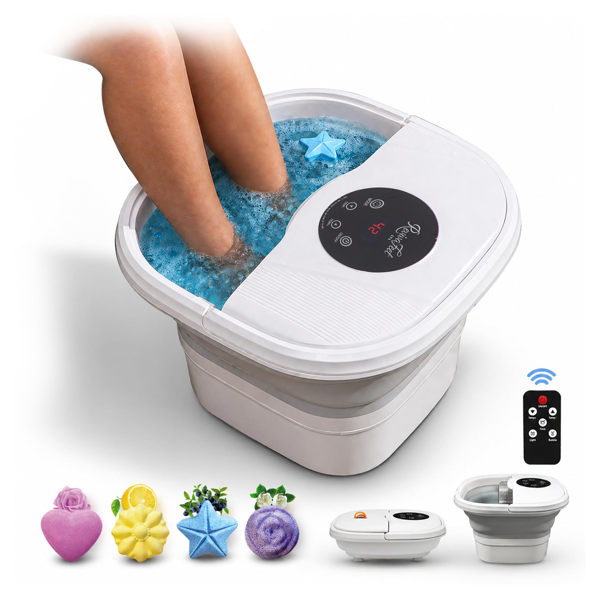 Collapsible Foot Spa Electric Rotary Massage, Heated Foot Bath with Bubbles and Temperature Control. Foot Bath Soak Tub with Remote, 16 Motorized Shiatsu Massage Balls & 16 Salt Bombs
