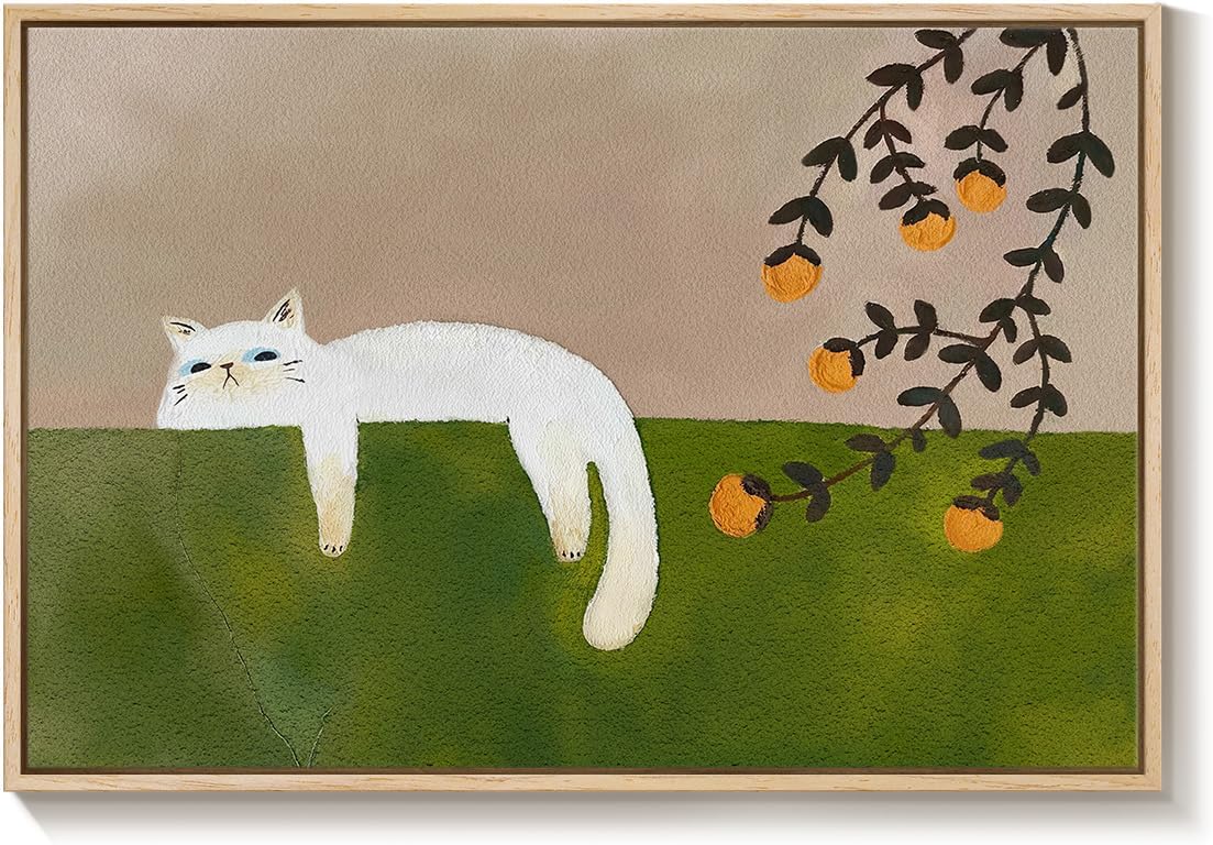 Framed Neutral and Green Wall Art for Bedroom Decor, Large Cozy Cat Canvas Painting Artwork for Room Walls, Green Picture Print for Dining Room Nursery Guest Room Hallway Wall Art Decor, 24x36 Inch - Image 8