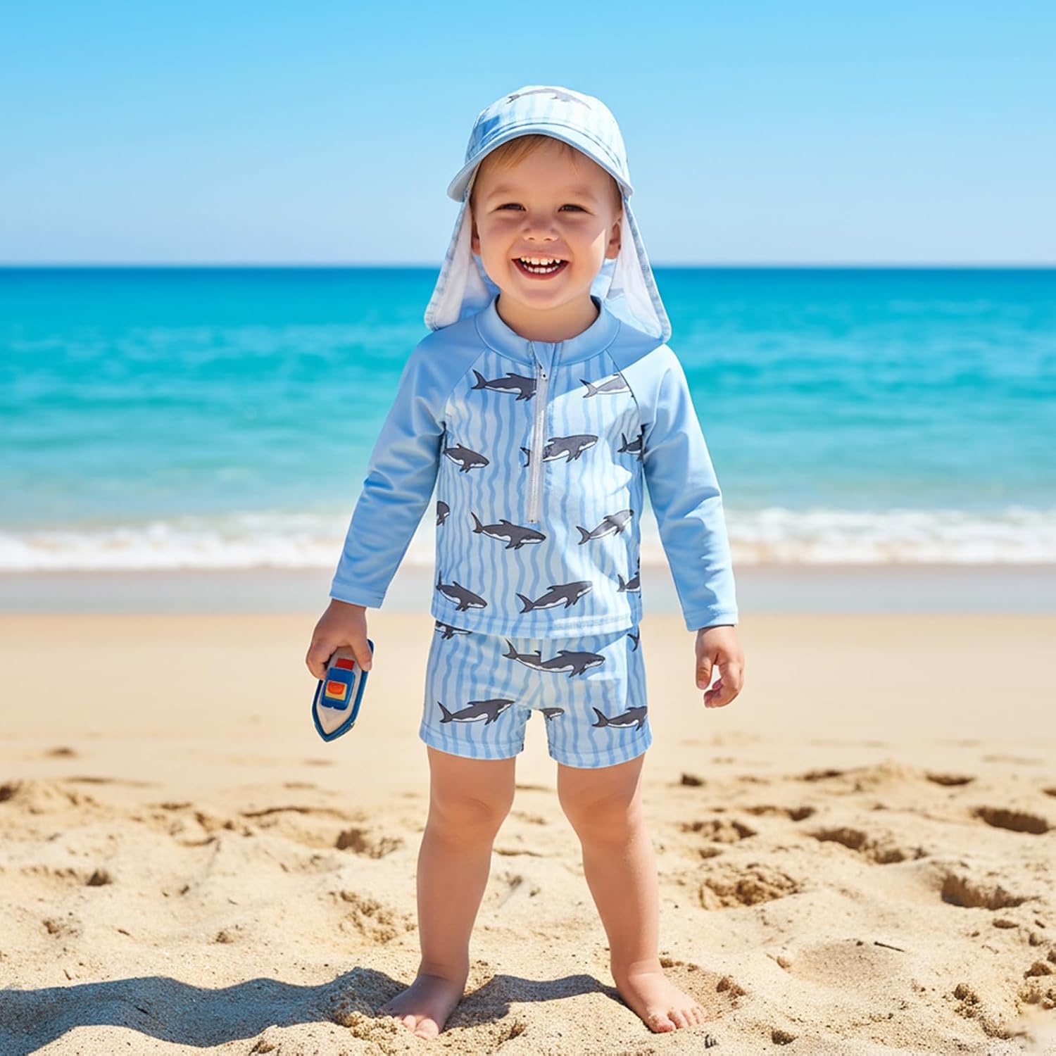 WASAIGOOD Infant Baby Swimsuit Boy Dinosaur Bathing Suit Toddler Swim Trunks and Rash Guard for Boys Swim Set Summer Sun Hat