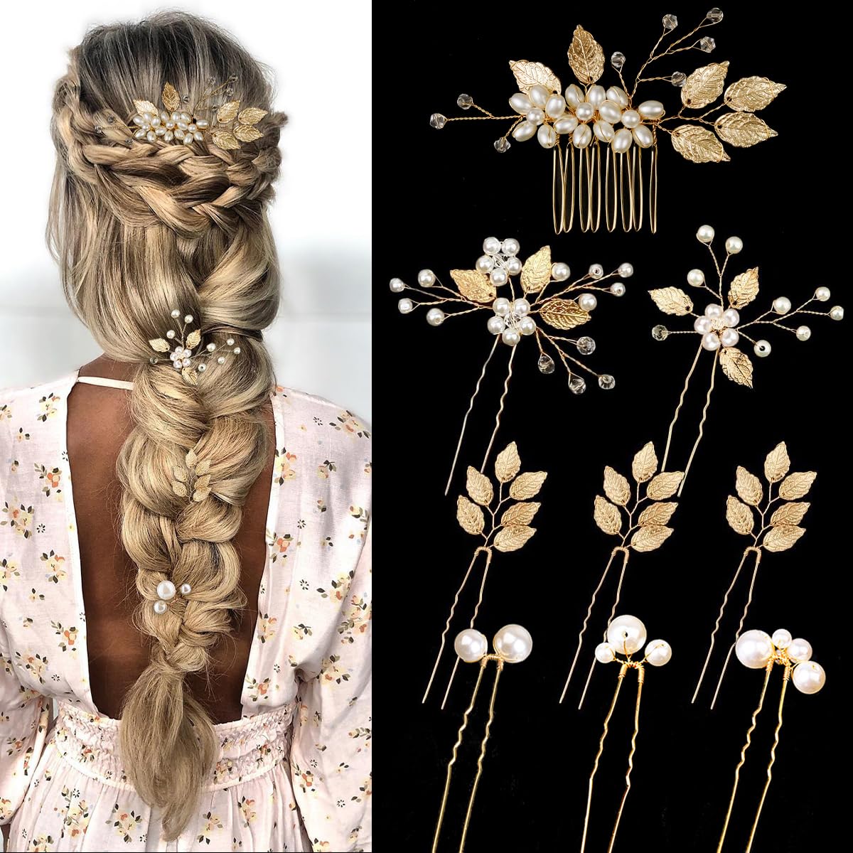 9PCS Gold Leaf Wedding Bridal Hair Pins Clips Vintage Hair Headpiece Jewelry for Bridesmaids Brides Flower Girls Hair Accessorie(Leaf Style)