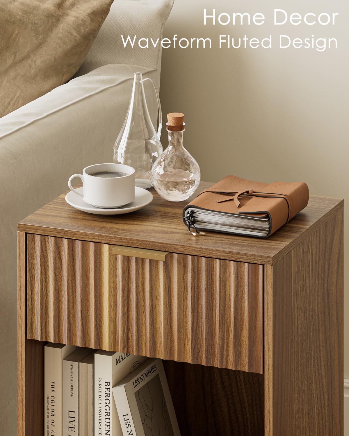 Masupu Fluted Nightstand,Modern Night Stand Wood Bedside Table with Storage Drawer Side End Table for Bedroom,Living Room,Office,Walnut Brown - Image 3