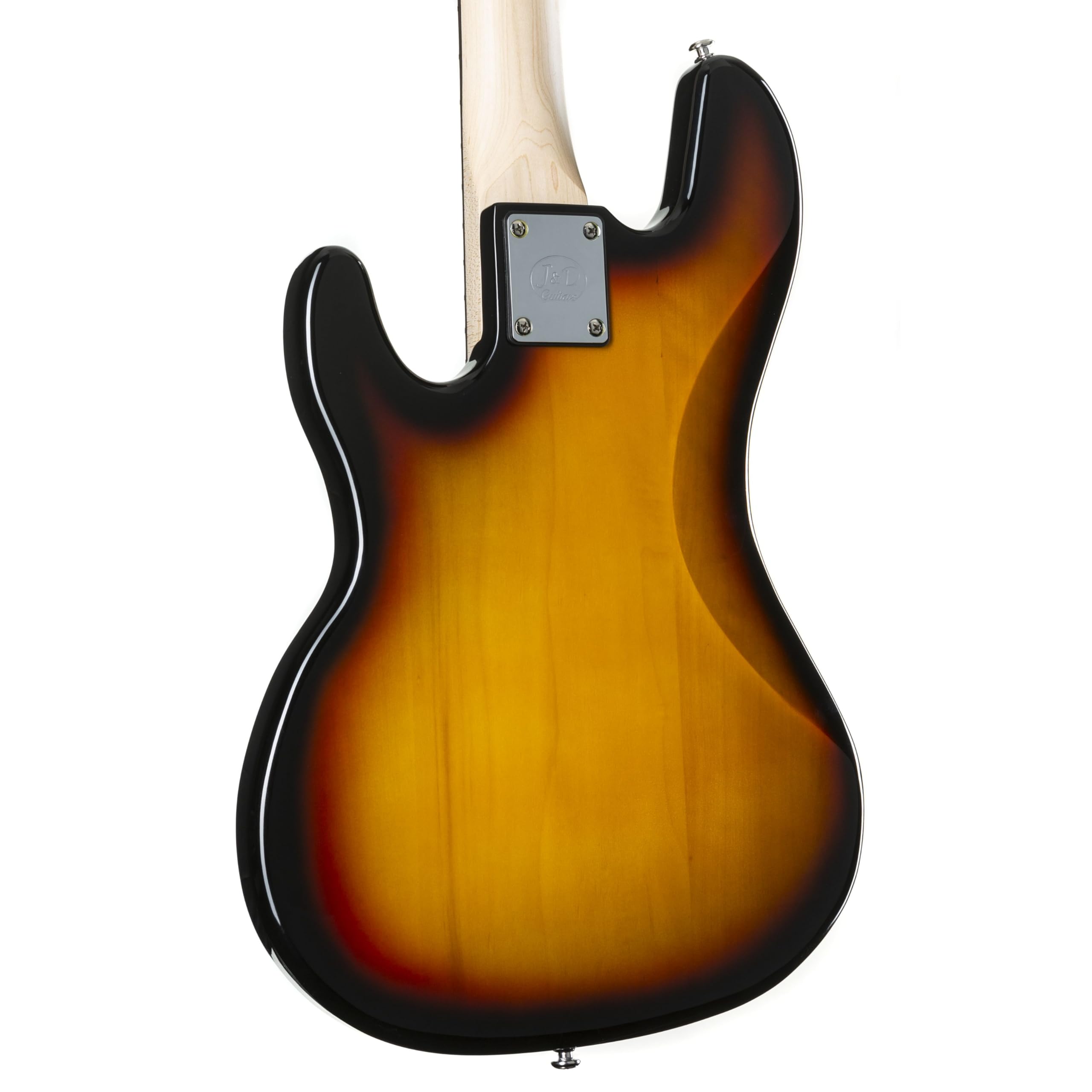 J & D E-Bass, Bass Gitarre mit 4 Saiten und Linde Korpus, JB Bass mit Split-Coil Tonabnehmer und Single Coil, passive Elektronik, 3-Tone Sunburst