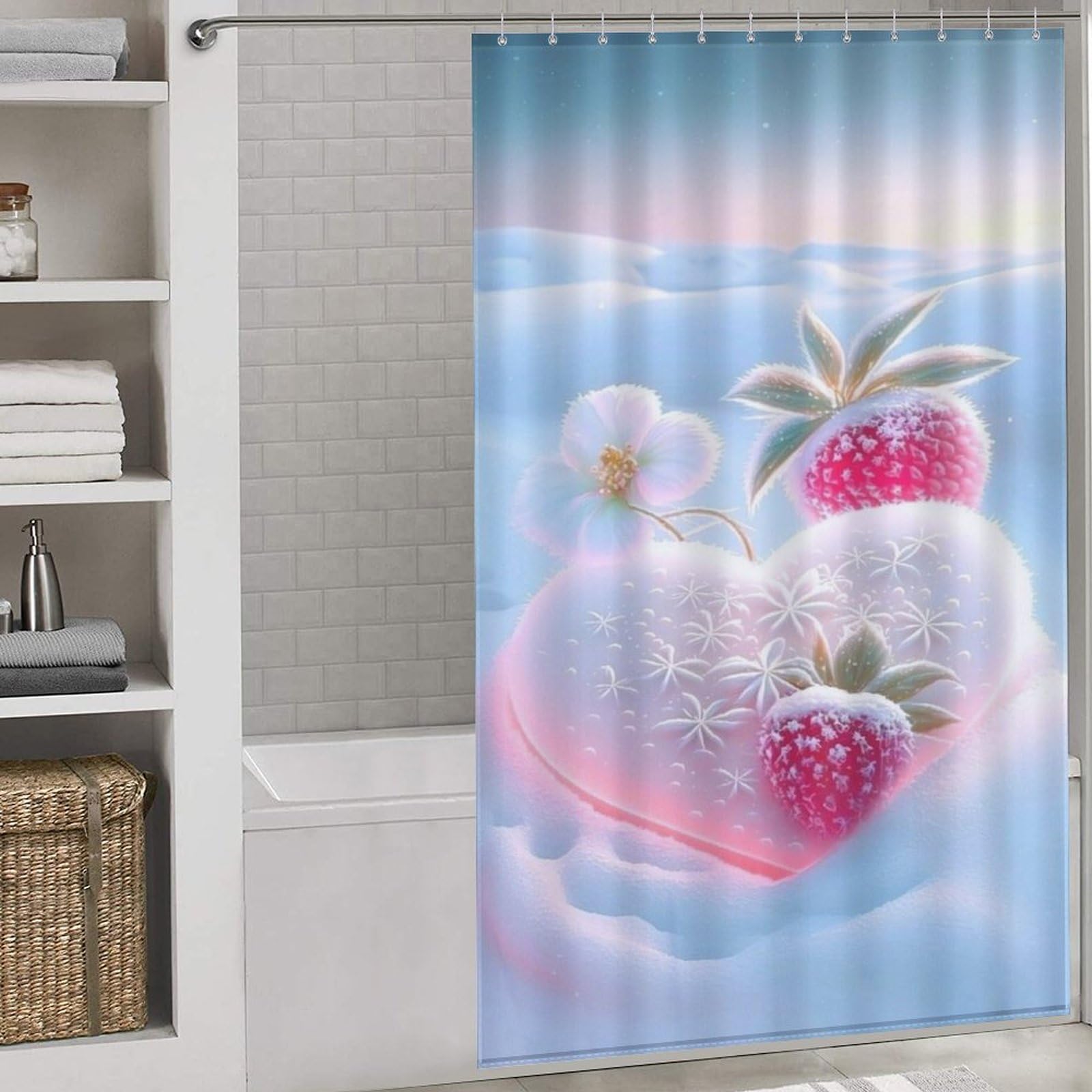 Rideau de douche fraise imperméable 140x183 cm en tissu textile avec crochets pour salle de bain