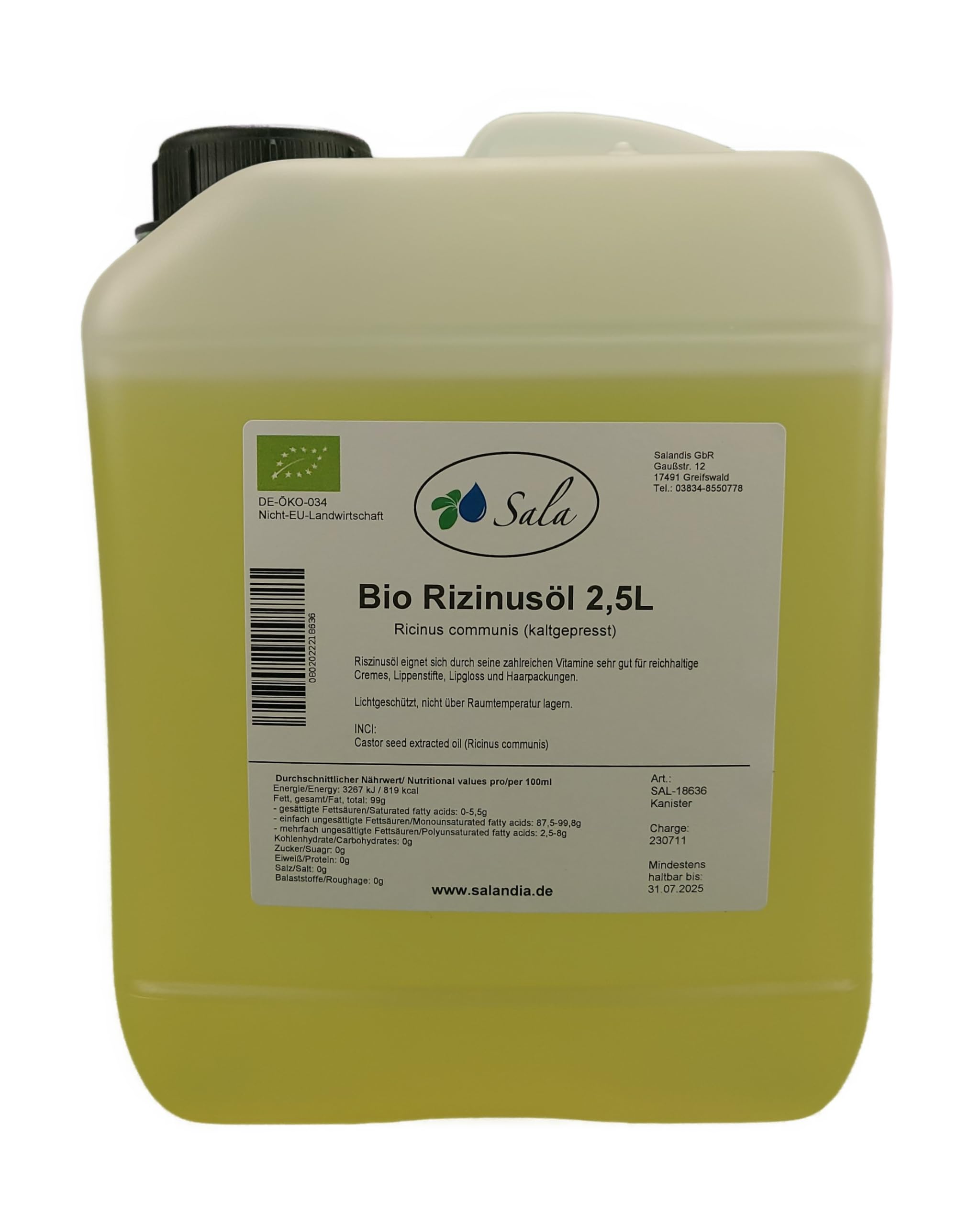 Sala Rizinusöl kaltgepresst BIO 2,5 L Kanister