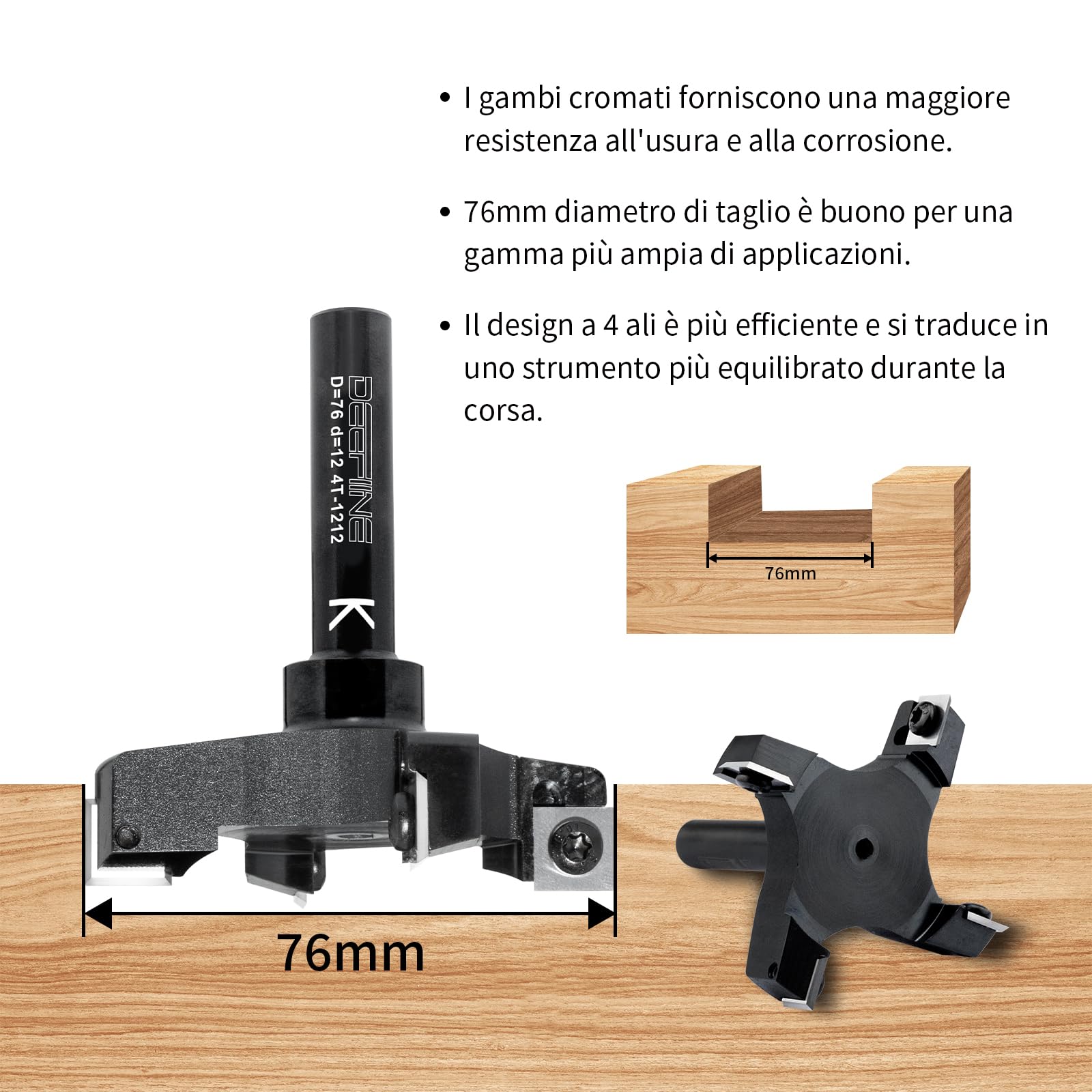 Fresa per spianare legno massello per Fresatrice verticale legno, diametro 76 mm e gambo 12 mm, Fresa per Superfici a 4 lame