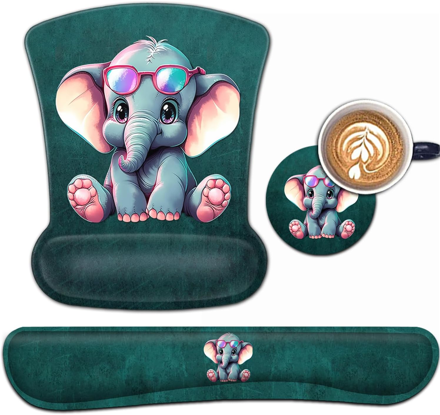 Keyboard Wrist Rest and Mouse Pad Wrist Support Set, Ergonomic Gel Mouse Pad Wrist Rest with Non-Slip Base for Home Office Desk Pad, Cartoon Animal Cute Baby Elephants Pattern Gaming Mouse Mat