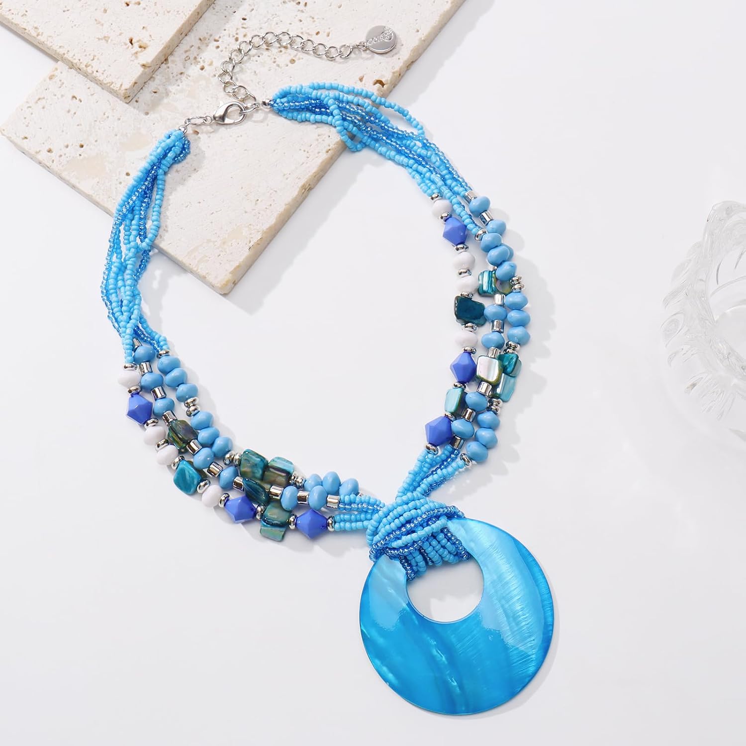 Coiris Shell Pendant Statement Strand Necklace for Women Boho Multi Beads Natural Stone Colorful Necklace Bohemian Handmade Chunky Shell Beaded Collar Jewelry for Women - Image 5