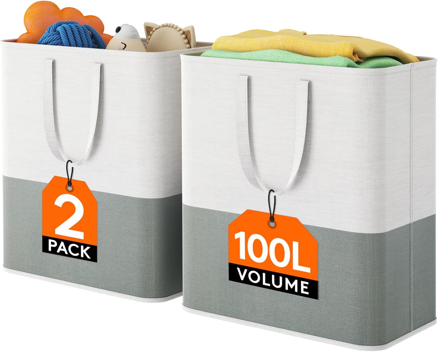 Lifewit 2 x 100L Laundry Hamper, Freestanding Laundry Basket with Handles, Waterproof Tall Collapsible Clothes Hamper for Laundry Dorm Bedroom Bathroom, Dark-Light