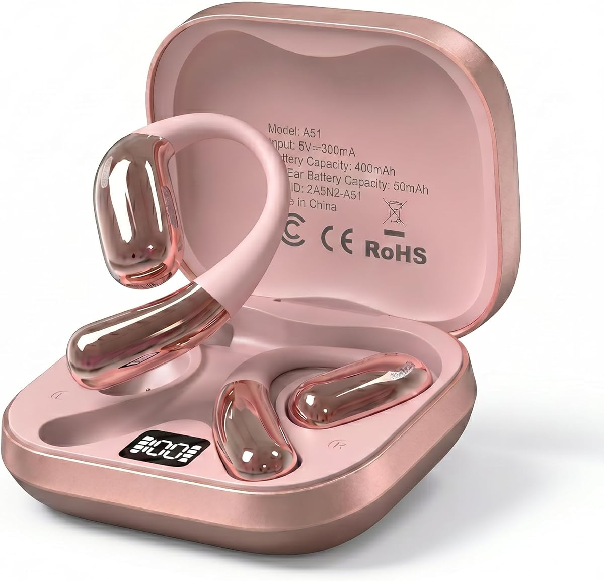 Open Ear Headphones, Wireless Headphones with Smart Digital Display & Mic, Open Ear Earbuds 35H Playtime, Sweat Resistant & Waterproof, Secure Comfortable Fit - Running, Sport, Daily (Rose Gold)