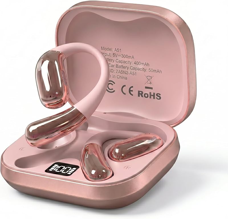 Auriculares abiertos, auriculares inalámbricos con pantalla digital inteligente y micrófono | (Oro rosa) Auriculares abiertos con tiempo de reproducción de 35 horas, resistentes al sudor e impermeables, ajuste cómodo y seguro: correr, hacer deporte, conducir