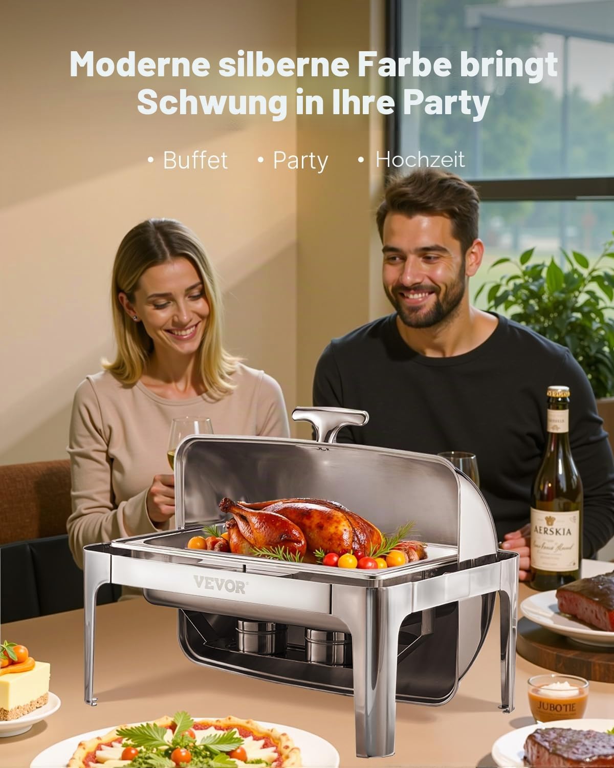 VEVOR Chafing Dish Set Speisenwärmer Edelstahl mit Pfannen in voller Größe (8,5 L), rechteckiger Wärmespender mit Roll Top Deckel & Wasserpfannenständer & Brennstoffhalter, für Buffet Silber