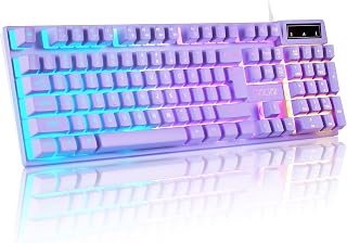 퍼플 게이밍 키보드 USB 유선 조명, 컴퓨터용 3가지 믹스 컬러 LED | 숫자 패드가 있는 풀 사이즈 키보드, 백라이트, 19키 안티 고스팅, 윈도우/맥, 데스크톱/노트북용 멀티미디어 기능 키