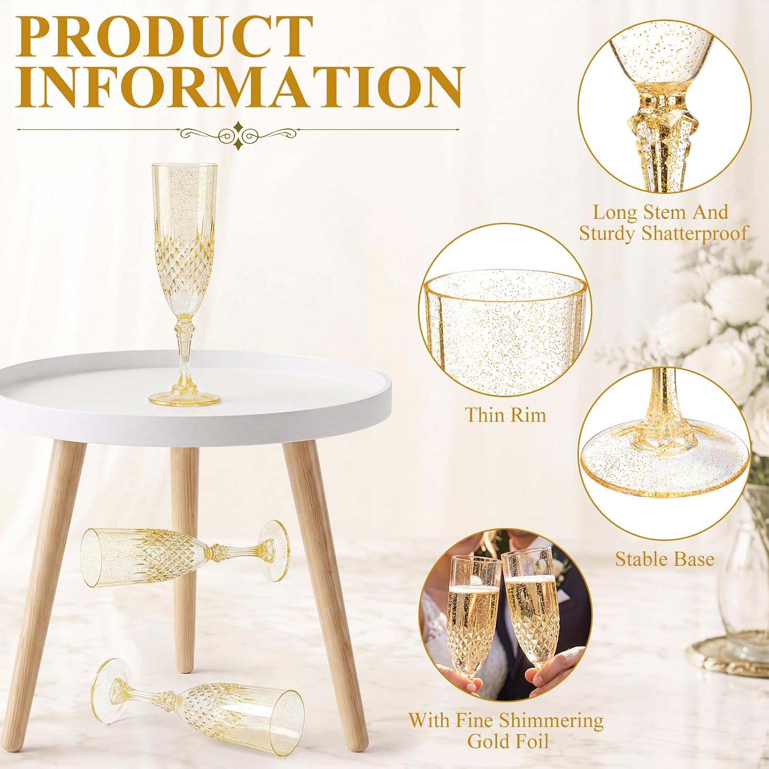 Sliner 24 Pack 8 oz Plastic Vintage Champagne Flutes, Unbreakable Disposable Crystal Champagne Glasses Bulk Wine Goblet Cup for Weddings Birthday Bachelor Parties Toasting (Gold Glitter)