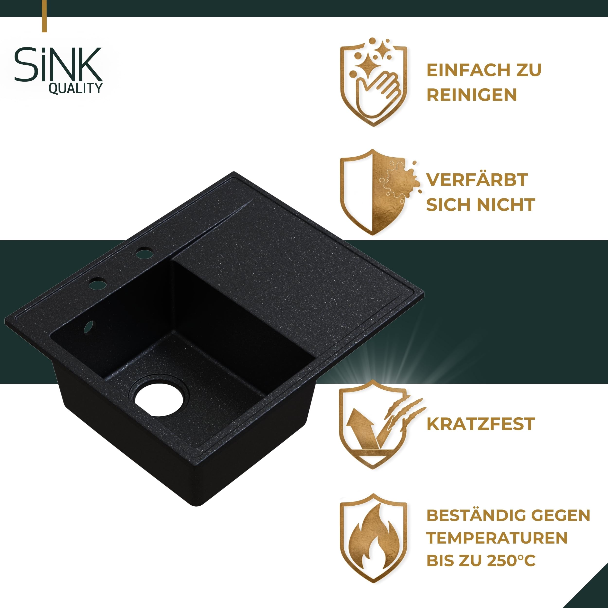 SINK QUALITY Spülbecken Komplettset mit Armatur 60x50 cm - Küchenspüle schwarz gesprenkelt mit Abtropffläche - Küchenarmatur, Seifenspender, Sieb, Siphon - Spüle links für 40er Unterschrank