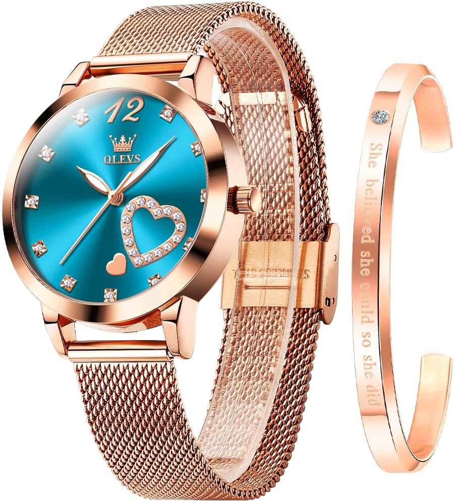 OLEVS Ladies Watches Rose Gold Stainless Steel Mesh Strap Heart Diamond Fashion Dress Japanese Quartz Waterproof Luminous Bracelet Sets, Blue, bracelet