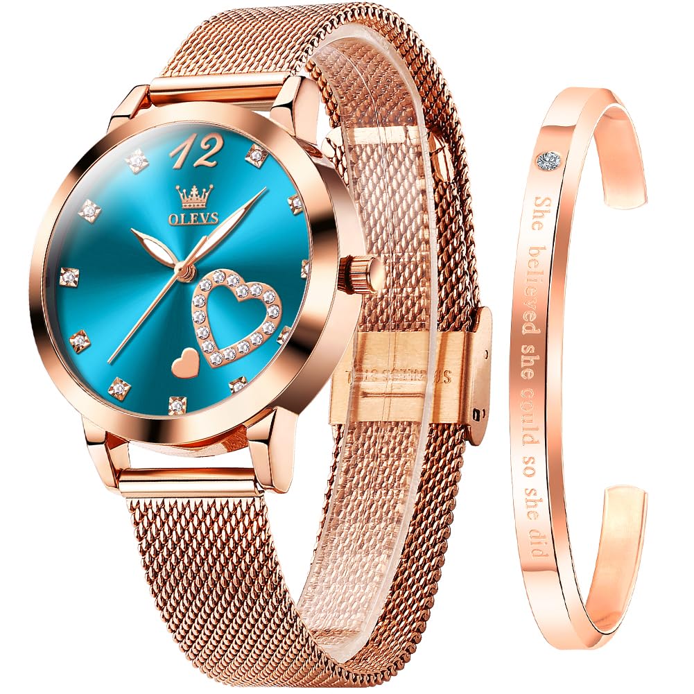 OLEVS Ladies Watches Rose Gold Stainless Steel Mesh Strap Heart Diamond Fashion Dress Japanese Quartz Waterproof Luminous Bracelet Sets