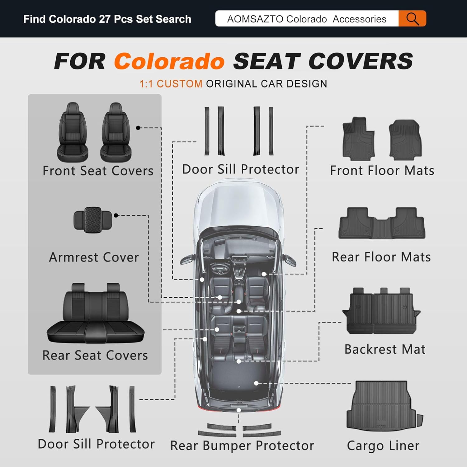 AOMSAZTO Custom Fit Seat Covers for Chevy Colorado & GMC Canyon 2015-2022 Crew Cab Truck Faux Leather Full Set Seat Covers 5 Seats Gray