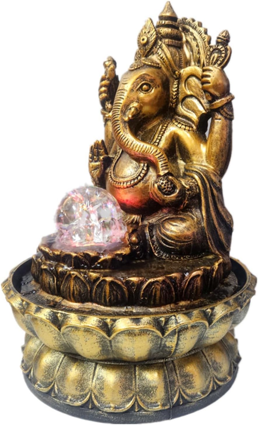 Golden Ganesha Lotus Fountain – 12-inch Indoor/Outdoor Water Feature with LED Crystal Ball, Plastic & Resin Décor (B)(D)