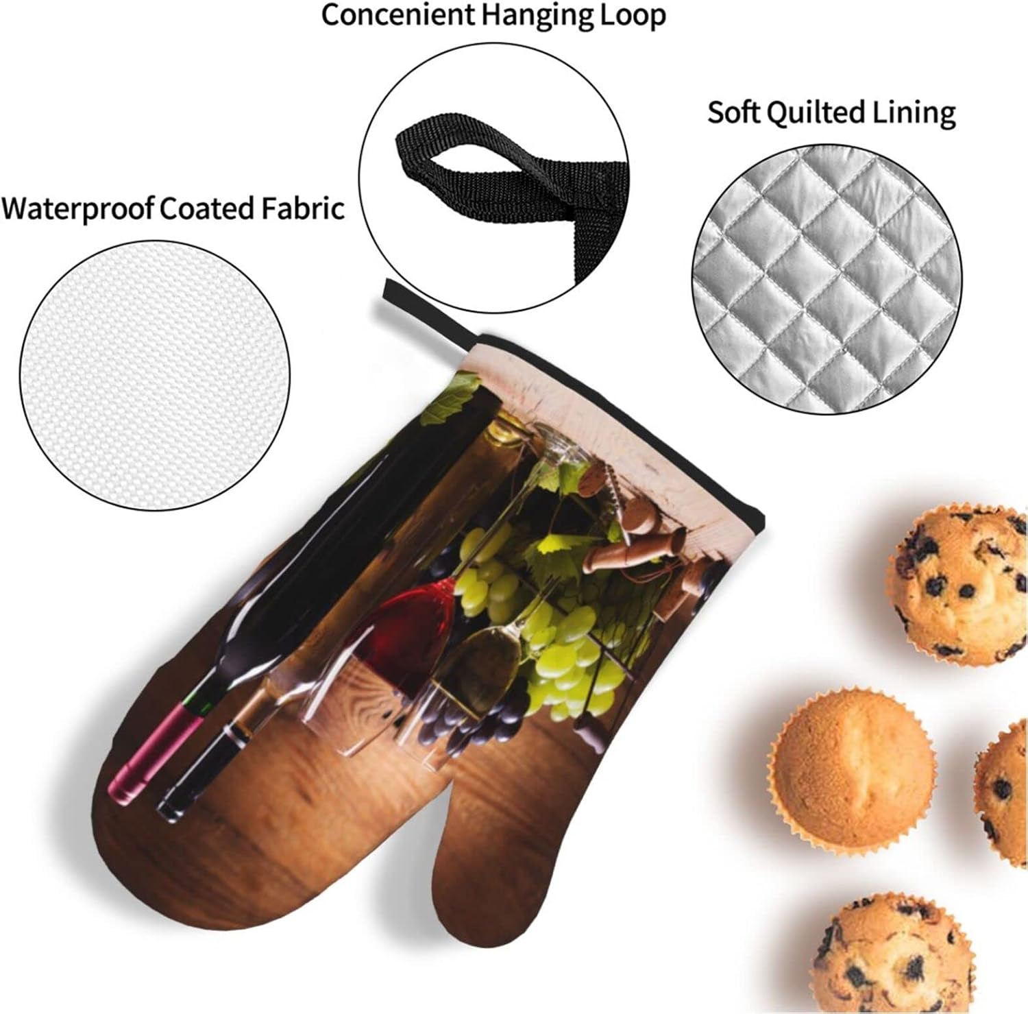 Vintage Glasses Wine Grapes Oven Mitts and Pot Holders Sets of 4 Vintage Grapes Kitchen Mitts Heat Resistant Oven Gloves Set Potholders for Kitchen Baking Grilling BBQ