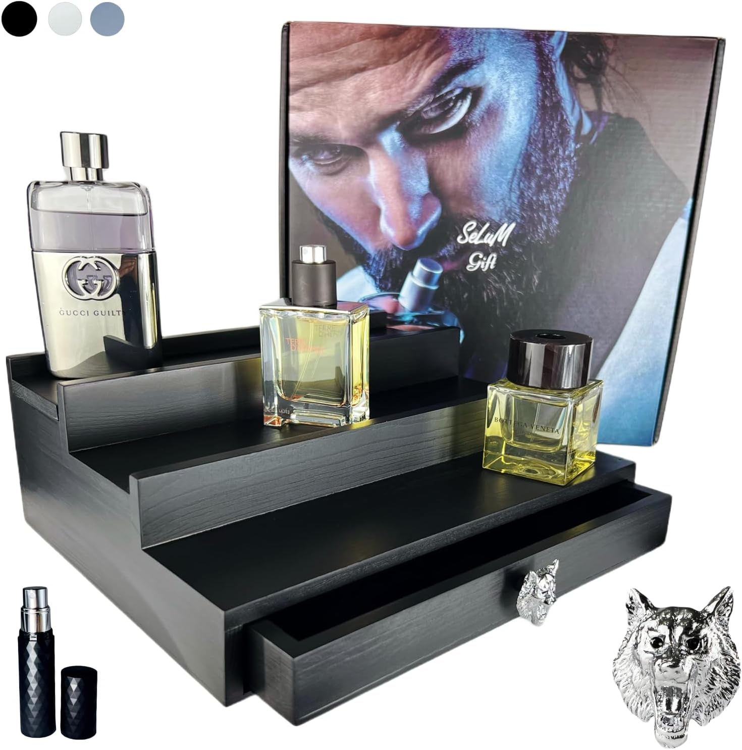 Classic Wooden Cologne Organizer For Men Black 34 Tier Giving Deluxe Bottom