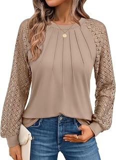 AUTOMET Women's Long Sleeve Pleated Lace Blouse - Business Casual Fall Top with Stretch Fabric & Elegant Sleeves