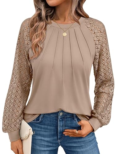 AUTOMET Womens Long Sleeve Shirts Pleated Lace Tops Fall Fashion