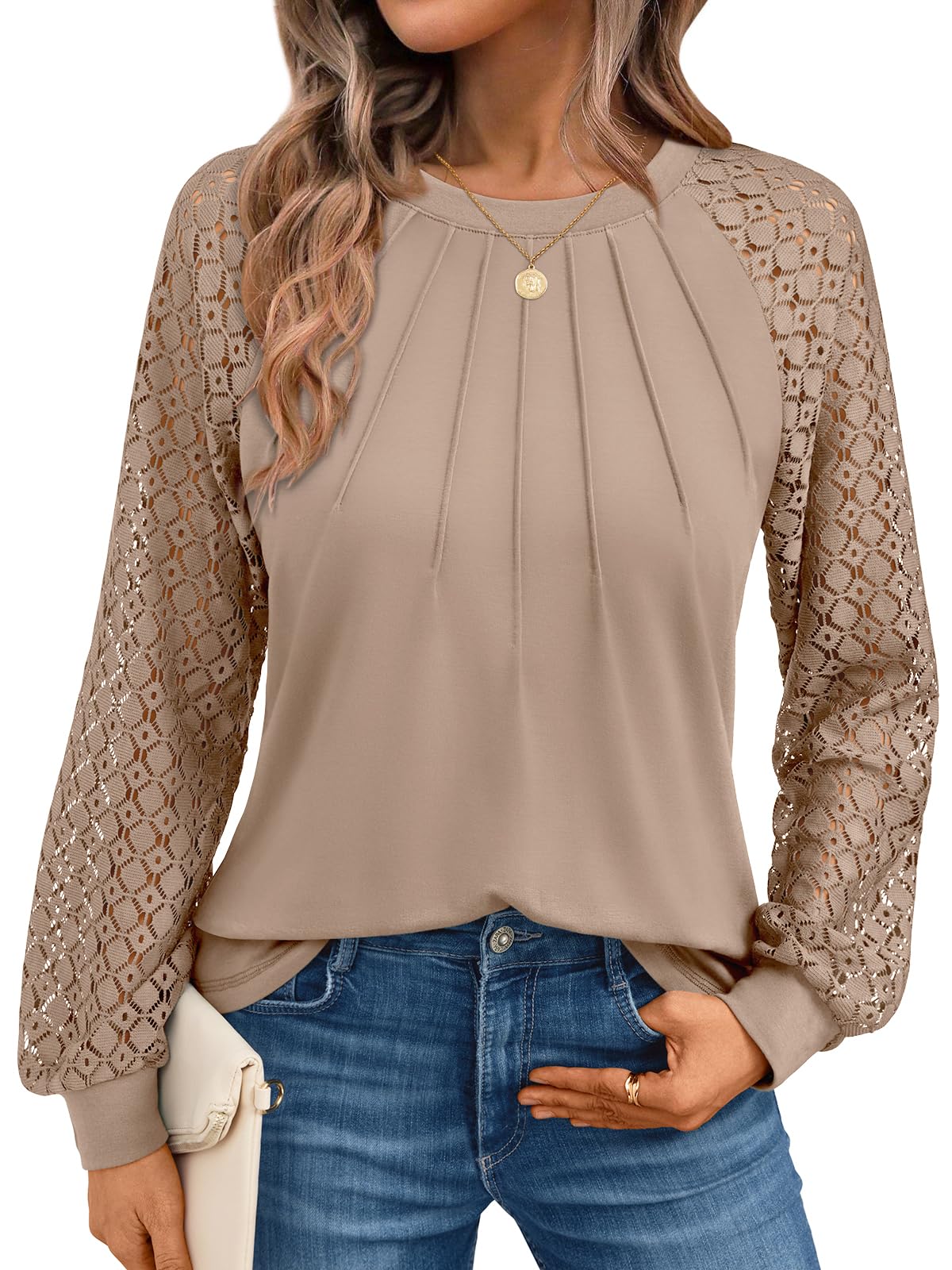 AUTOMET Womens Long Sleeve Shirts Pleated Lace Tops Fall Fashion Outfits Business Casual Blouses