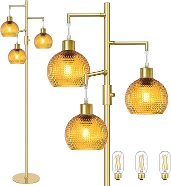 Modern Floor Lamp for Living Room,Mid Century Standing Tree Lamps Dimmable | with Orange Glass Shade, 3 Lights Tall Lamp, 3 x 600LM LED Edison Bulbs Included