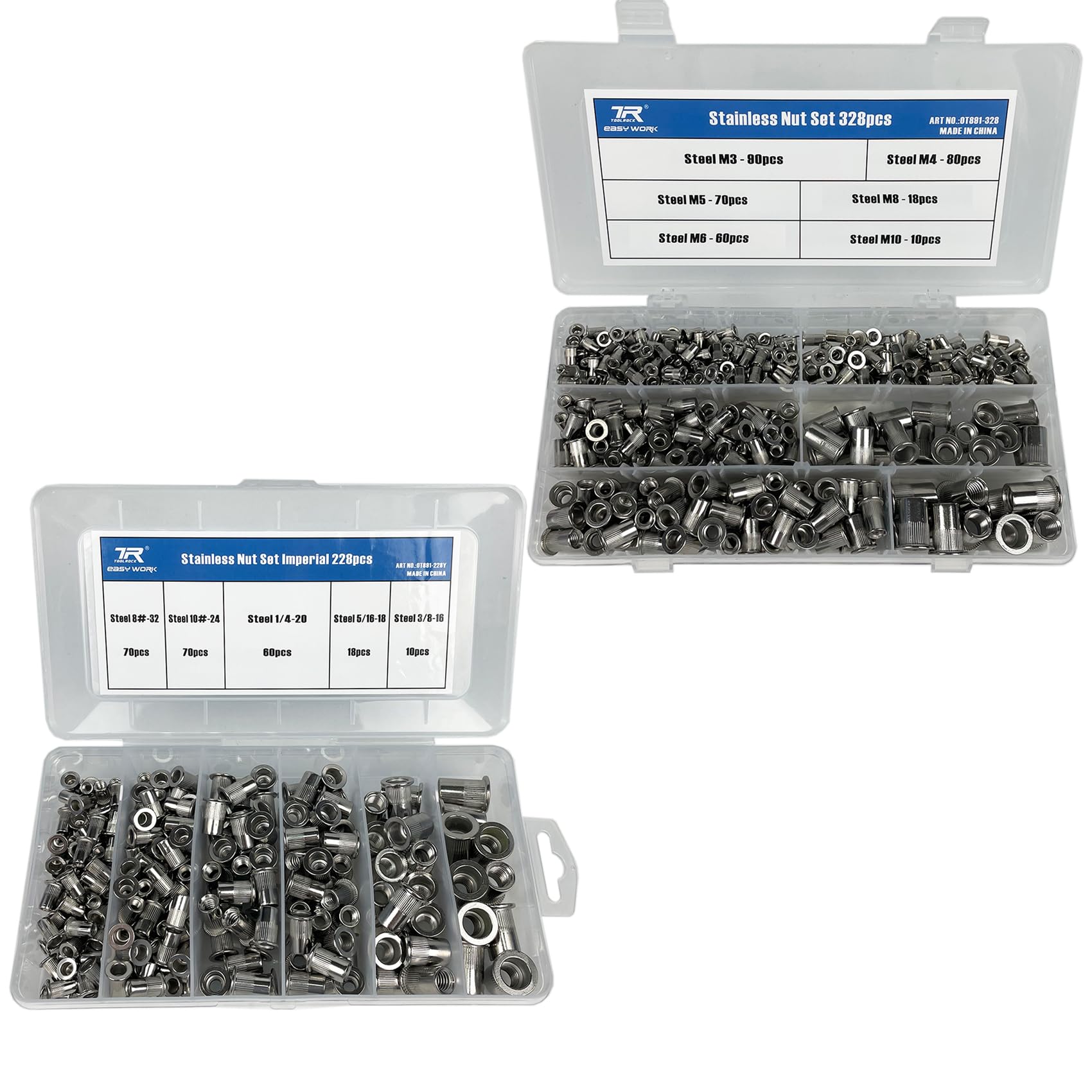 228PCS SAE Stainless Steel Rivet Nuts Kit and 328PCS Metric Stainless Steel Rivet Nuts Kit