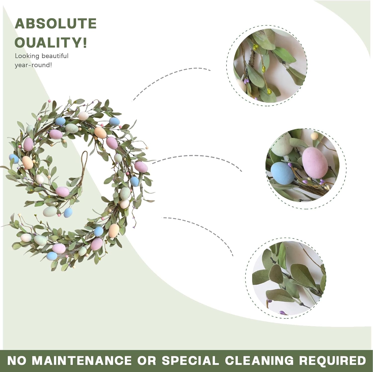 TEMPUS 6Ft Easter Artificial Garland with Eggs, Spring Mixed Lamb's Ear Leaves, Farmhouse Hanging Rustic Decor for Front Door, Kitchen, Fireplace, Home, Indoor & Outdoor