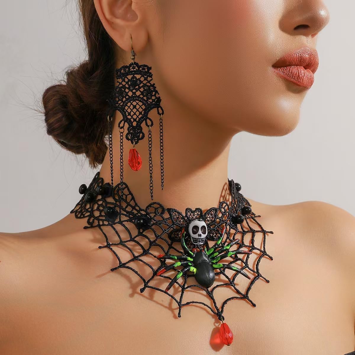 Witch Accessories for Women Goth Black Choker Earrings Halloween Jewelry Black Lace Choker Vintage Necklace Costume Spider Web Skeleton Claw Gothic Vampire Necklaces - Image 2