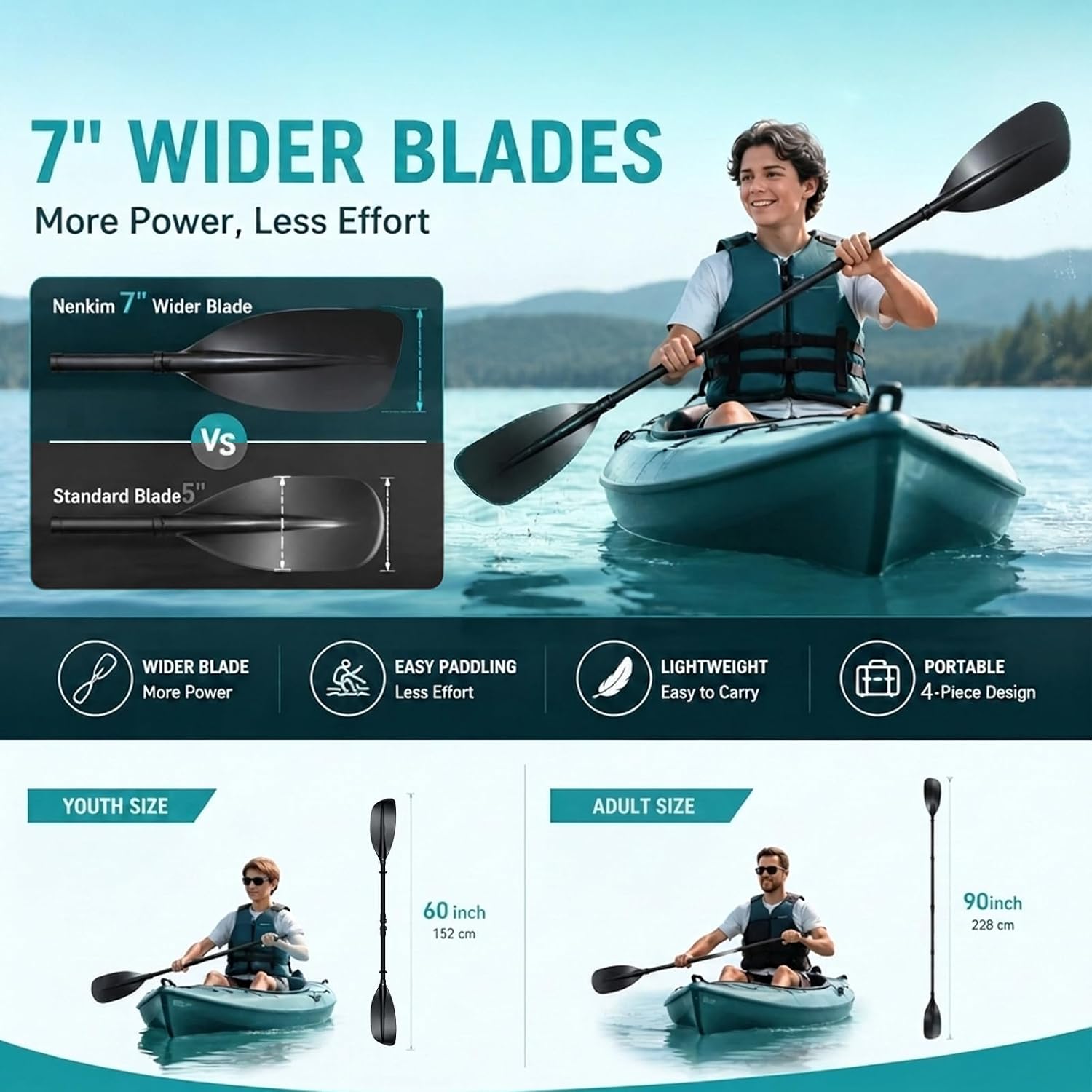 Youth Kayak Paddle,4 Piece Kayak Oar with Waterproof Storage Bag Wide Blade Adjustable Kayak Paddle Teens Beginners Kayaking Canoeing Fishing Boating Lake River Ocean.