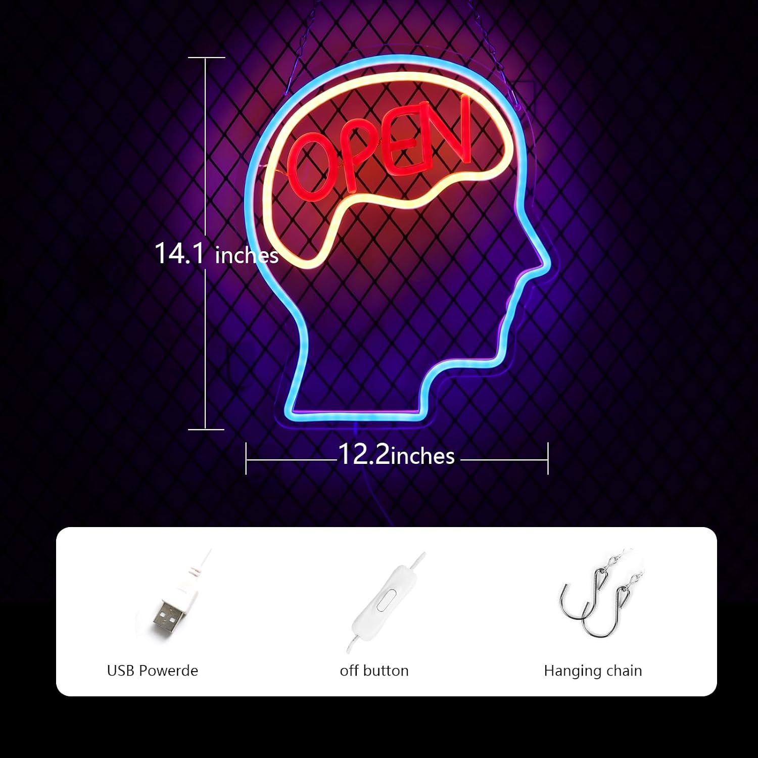 Open Mind Brain Neon Signs for Wall Decor Neon Lights for Bedroom Suitable for Man Cave Bar Pub Office School Christmas Birthday Party 5V Power Adapter, 14.1 * 12.2 Inch(Blue+Warm White+Red)
