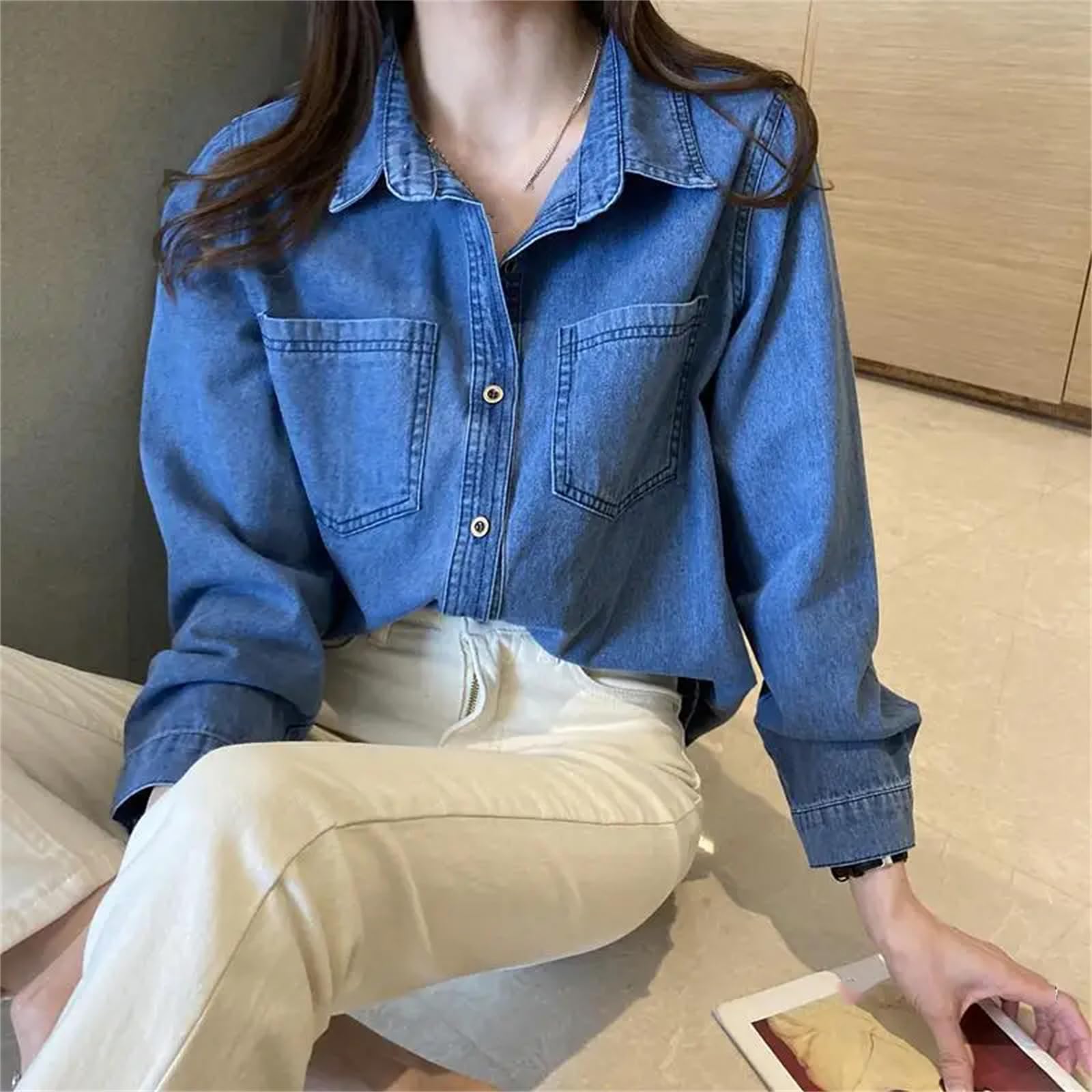 Yeuyyben Camicetta da donna in denim, stile vintage, con colletto rovesciato, a maniche lunghe, alla moda, casual