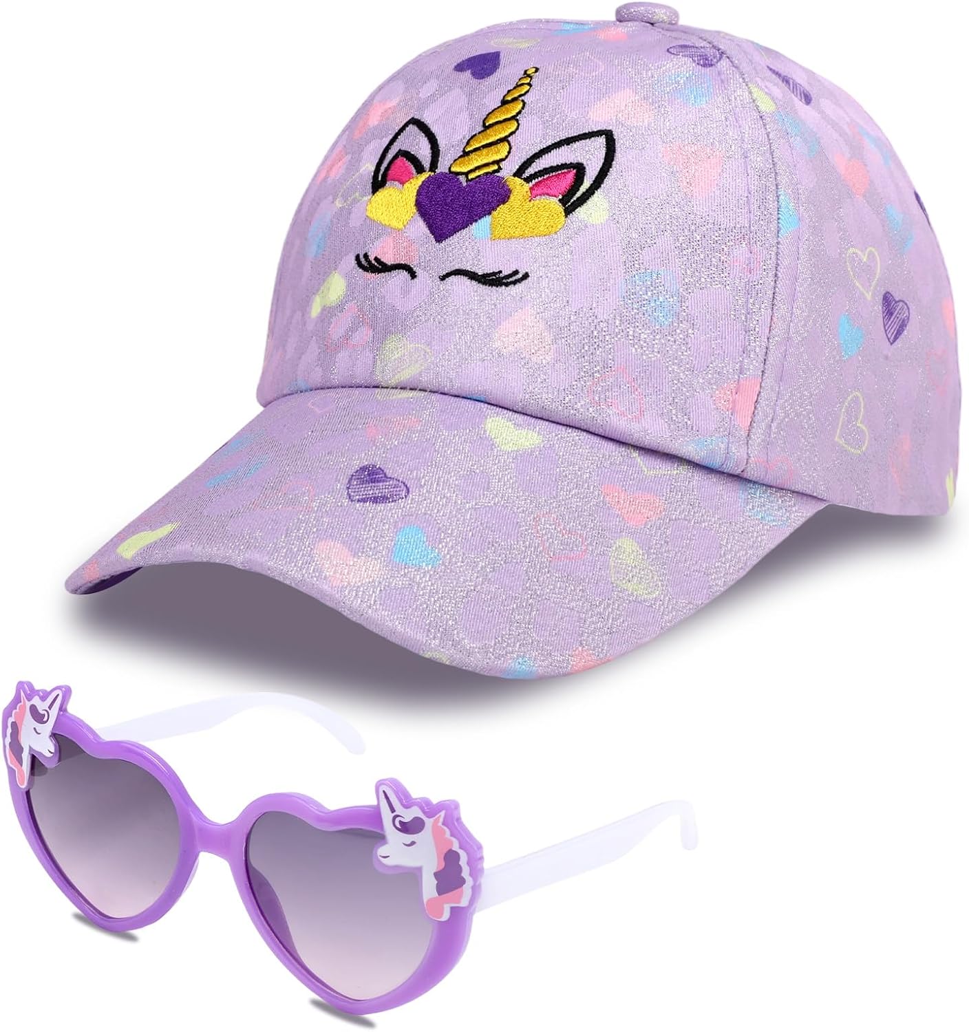 Unicorn Baseball Cap Sunglasses Set for Girls, Adjustable Trucker Cap Heart Sunglasses Sun Hat for Kids Ages 3-8