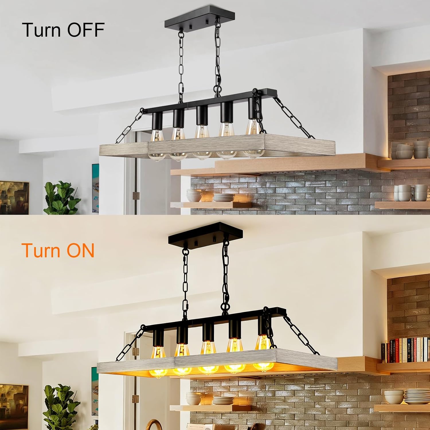 Rustic Chandeliers Dining Room 31.5" Farmhouse Chandelier Black Metal Retro Wood 5-Light Industrial Kitchen Lights Island Table Rectangular Entryway Hanging Fixture